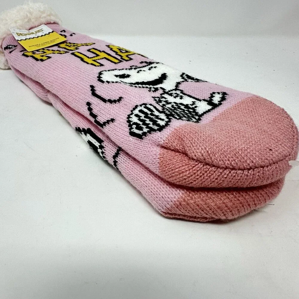 NWT Peanuts Snoopy & Woodstock Pink Sherpa Lined Slipper Socks Non-Slip OSFM